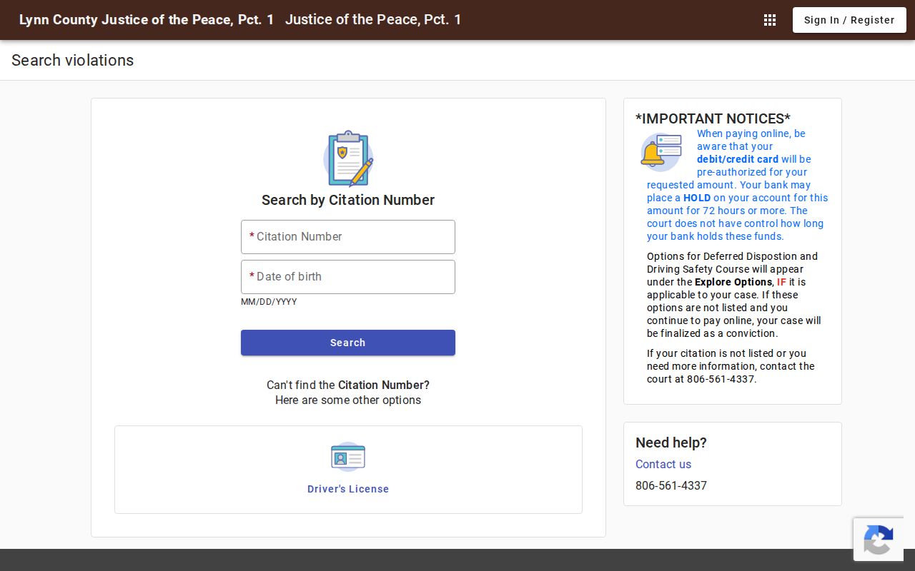 Lynn County traffic ticket citation and driver search controls