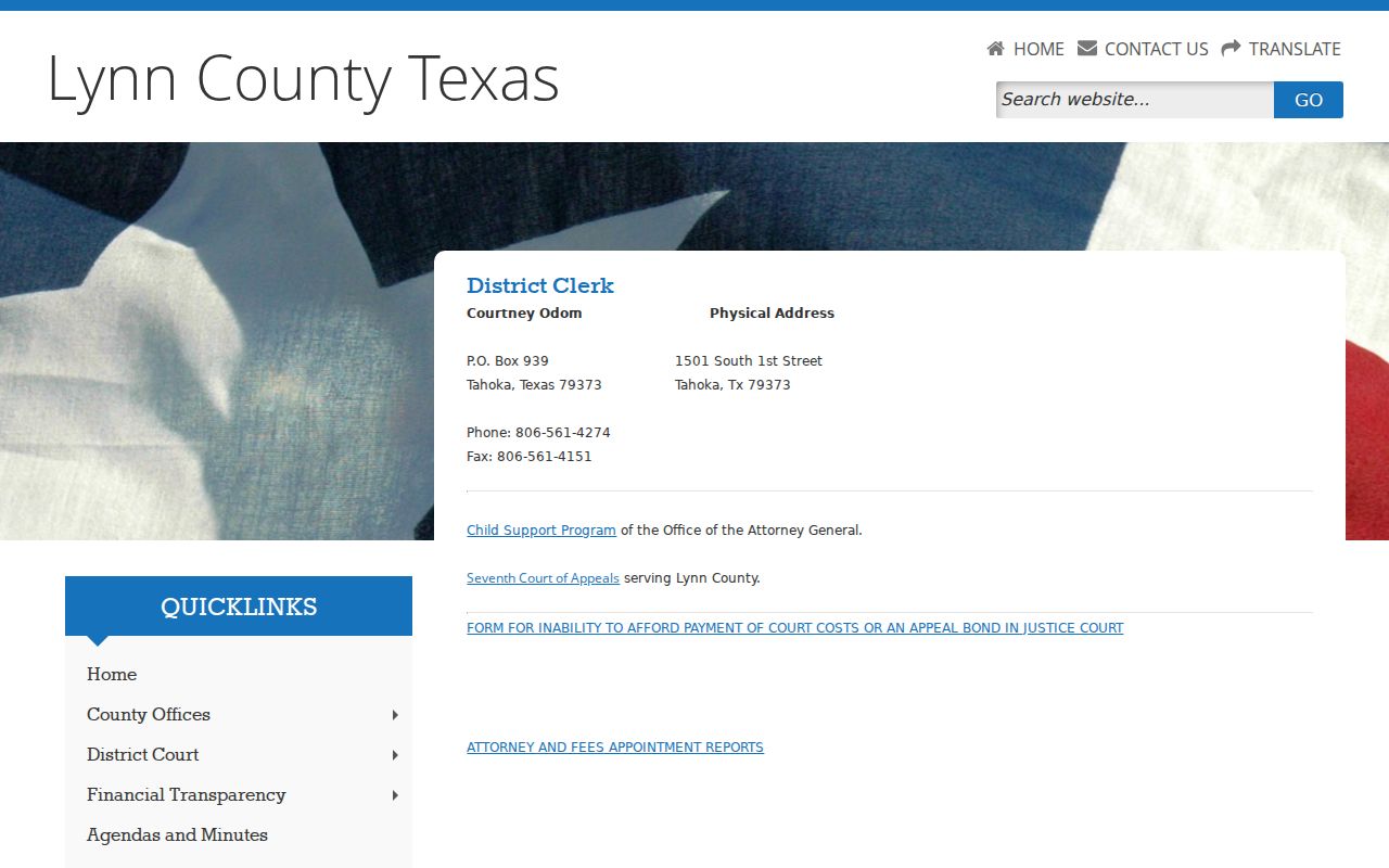 Lynn County court record contact information on the official District Clerk page